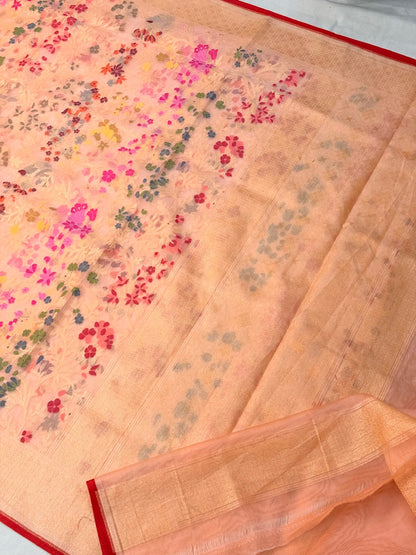 Peach Banarasi Kora Jamdani Silk Handwoven Saree