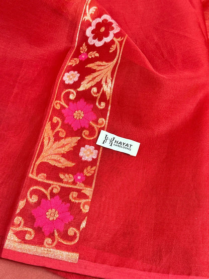 Red Banarasi Kora Jamdani Silk Handwoven Saree