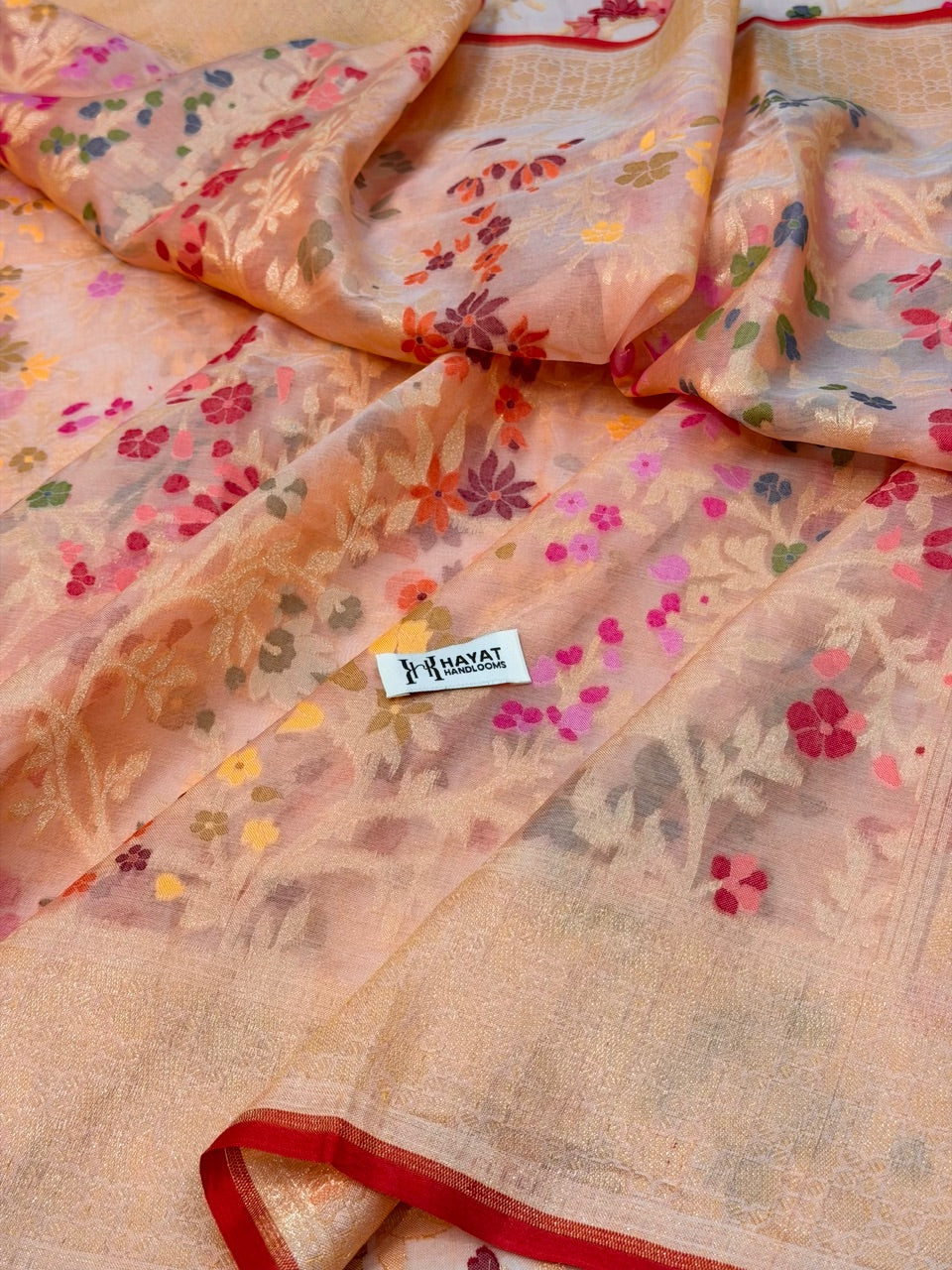 Peach Banarasi Kora Jamdani Silk Handwoven Saree