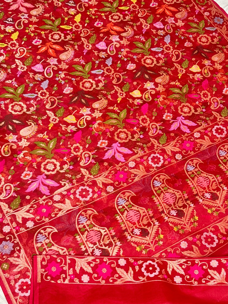 Red Banarasi Kora Jamdani Silk Handwoven Saree