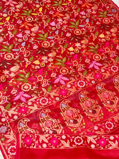 Red Banarasi Kora Jamdani Silk Handwoven Saree