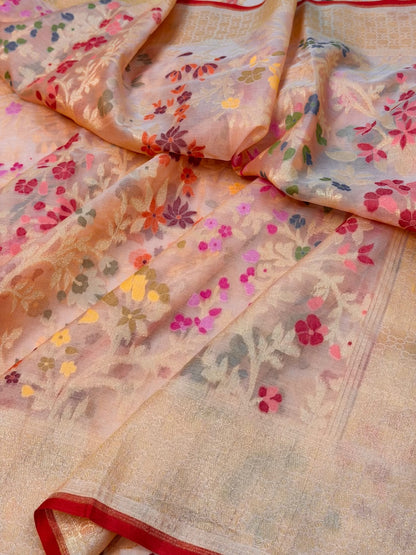 Peach Banarasi Kora Jamdani Silk Handwoven Saree