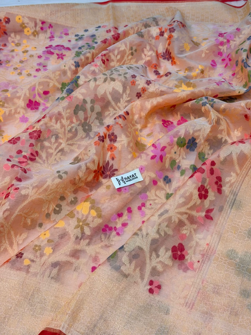 Peach Banarasi Kora Jamdani Silk Handwoven Saree