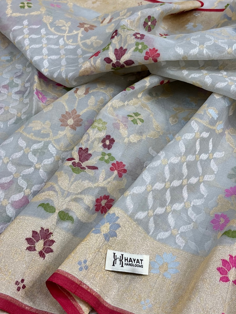 Grey Banarasi Kora Jamdani Silk Handwoven Saree