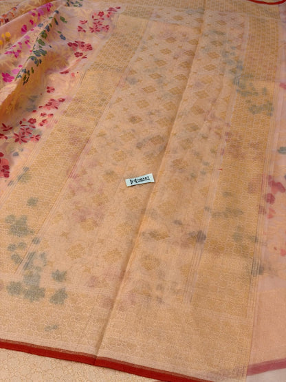 Peach Banarasi Kora Jamdani Silk Handwoven Saree