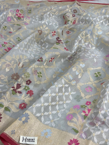 Grey Banarasi Kora Jamdani Silk Handwoven Saree