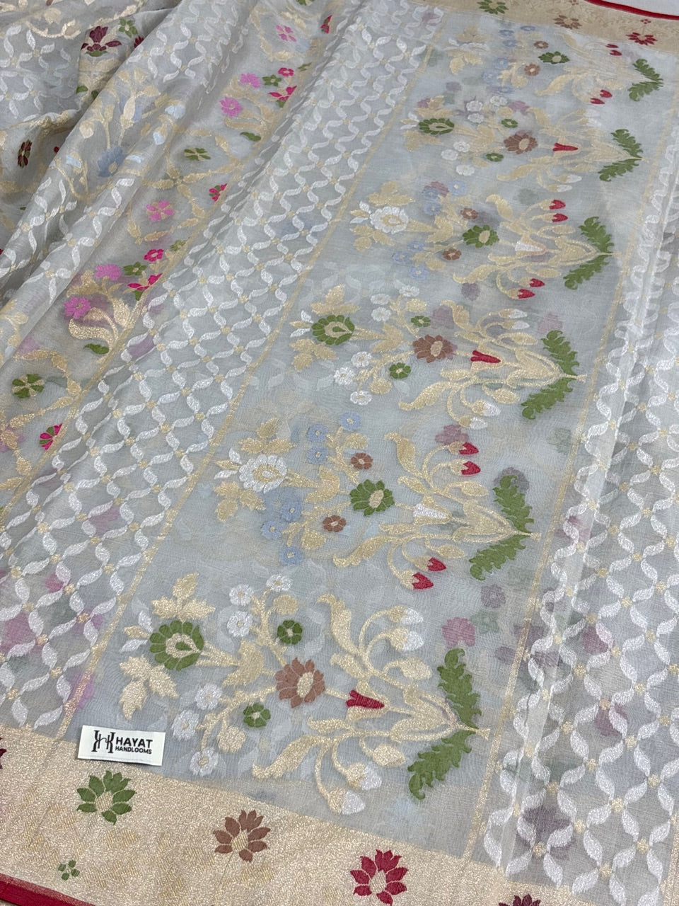 Grey Banarasi Kora Jamdani Silk Handwoven Saree