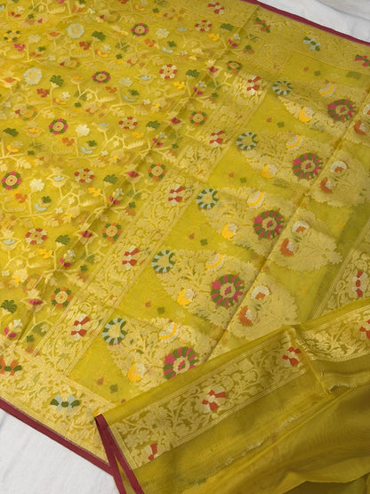 Musterd Yellow Banarasi Kora Jamdani Silk Handwoven Saree