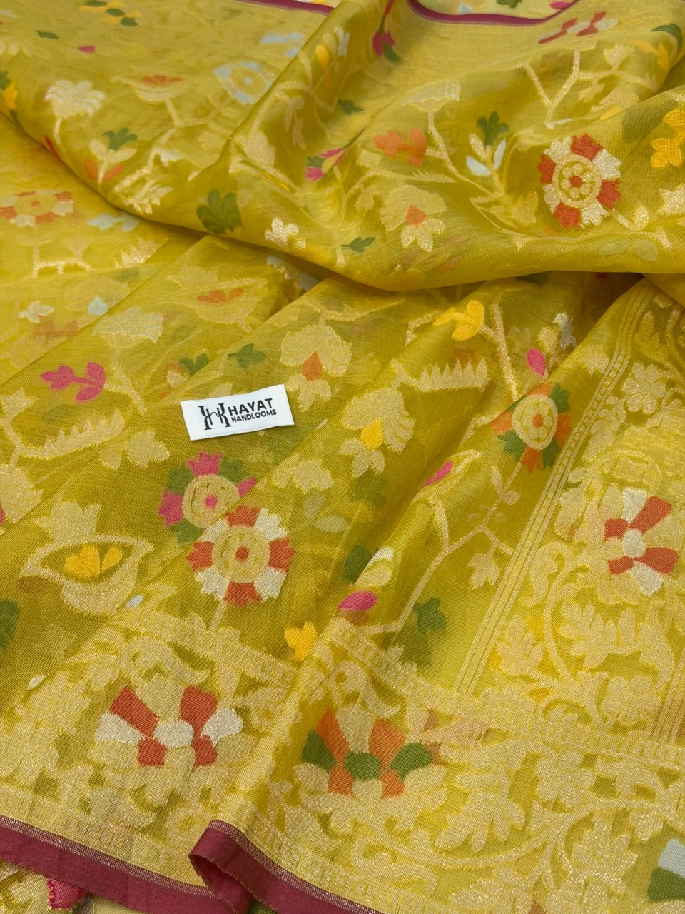 Musterd Yellow Banarasi Kora Jamdani Silk Handwoven Saree