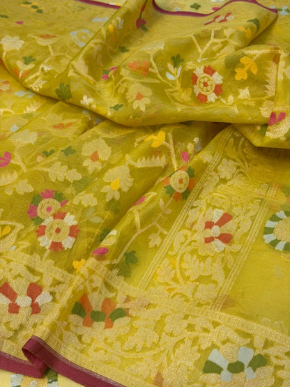 Musterd Yellow Banarasi Kora Jamdani Silk Handwoven Saree
