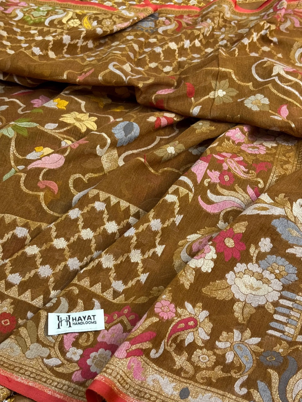 Gold Brown Banarasi cotton Jamdani handloom Saree