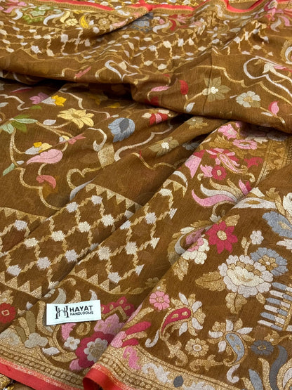Gold Brown Banarasi cotton Jamdani handloom Saree