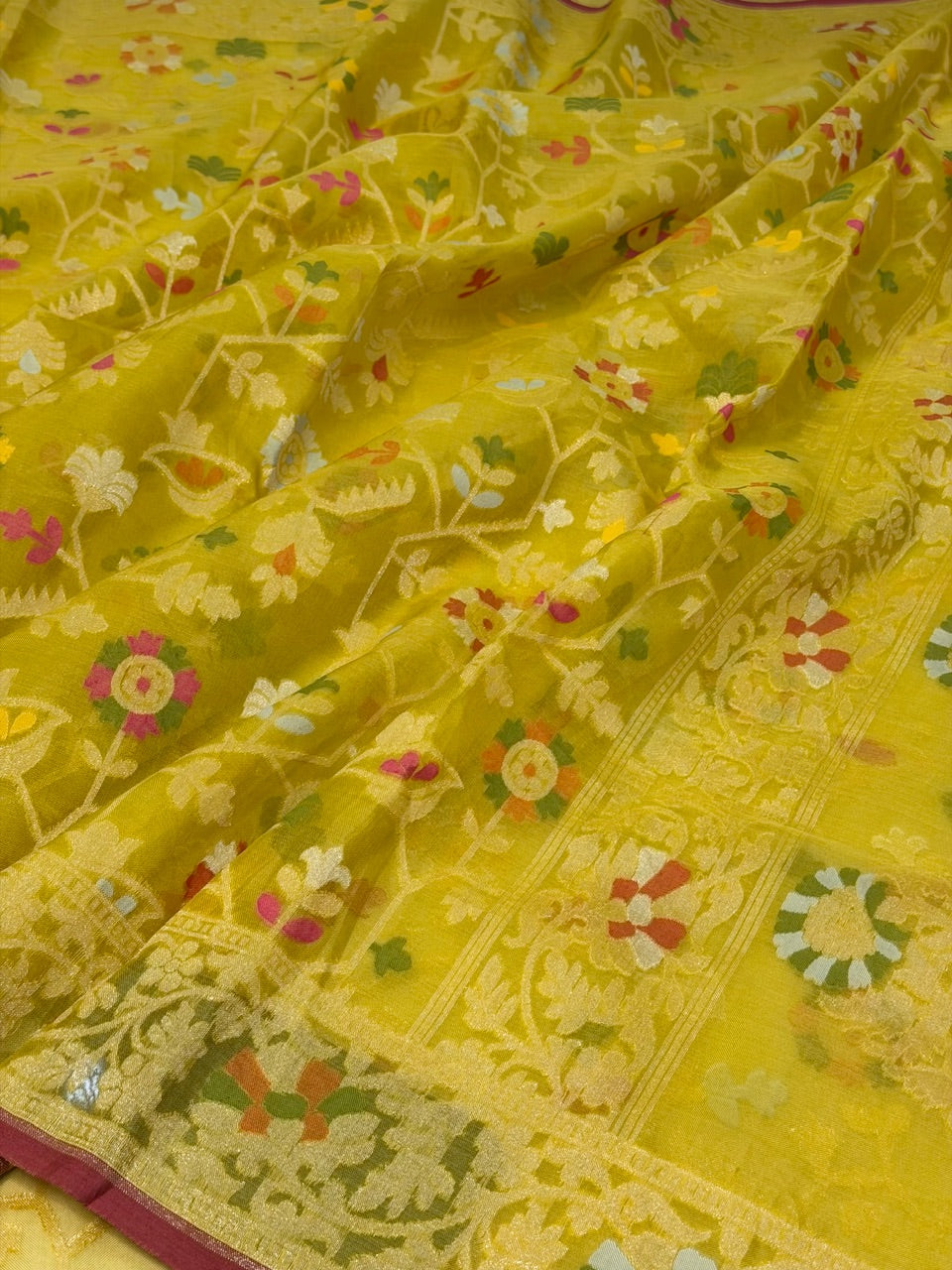 Musterd Yellow Banarasi Kora Jamdani Silk Handwoven Saree