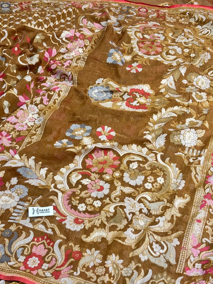Gold Brown Banarasi cotton Jamdani handloom Saree
