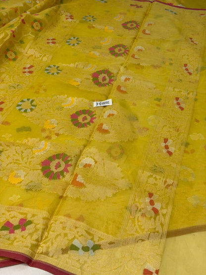 Musterd Yellow Banarasi Kora Jamdani Silk Handwoven Saree