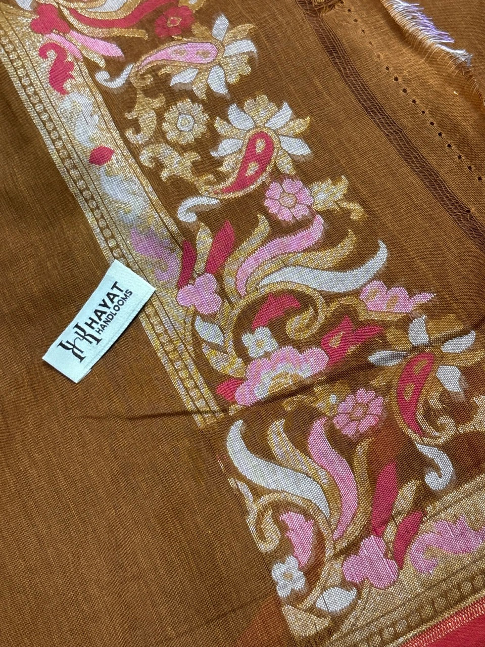 Gold Brown Banarasi cotton Jamdani handloom Saree
