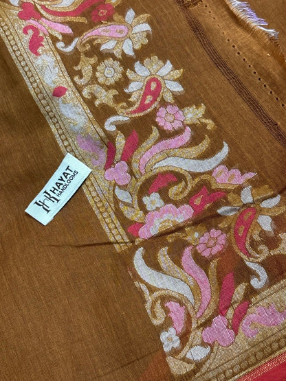 Gold Brown Banarasi cotton Jamdani handloom Saree