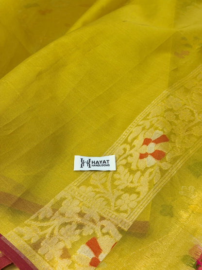 Musterd Yellow Banarasi Kora Jamdani Silk Handwoven Saree