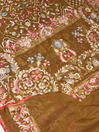 Gold Brown Banarasi cotton Jamdani handloom Saree