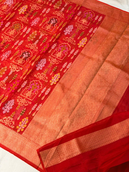 Red Banarasi Kora Jamdani Silk Handwoven Saree