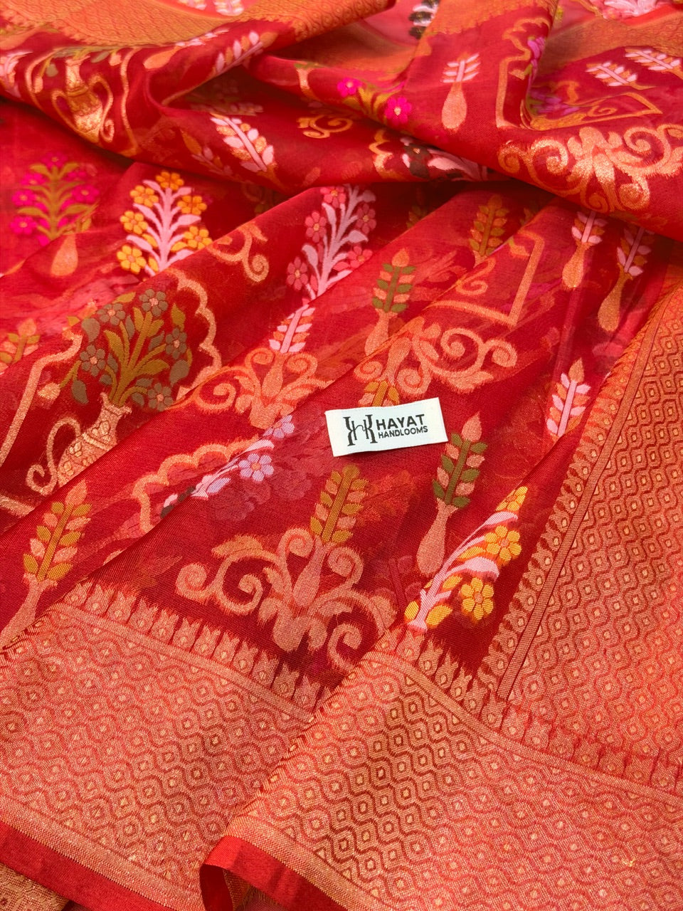 Red Banarasi Kora Jamdani Silk Handwoven Saree