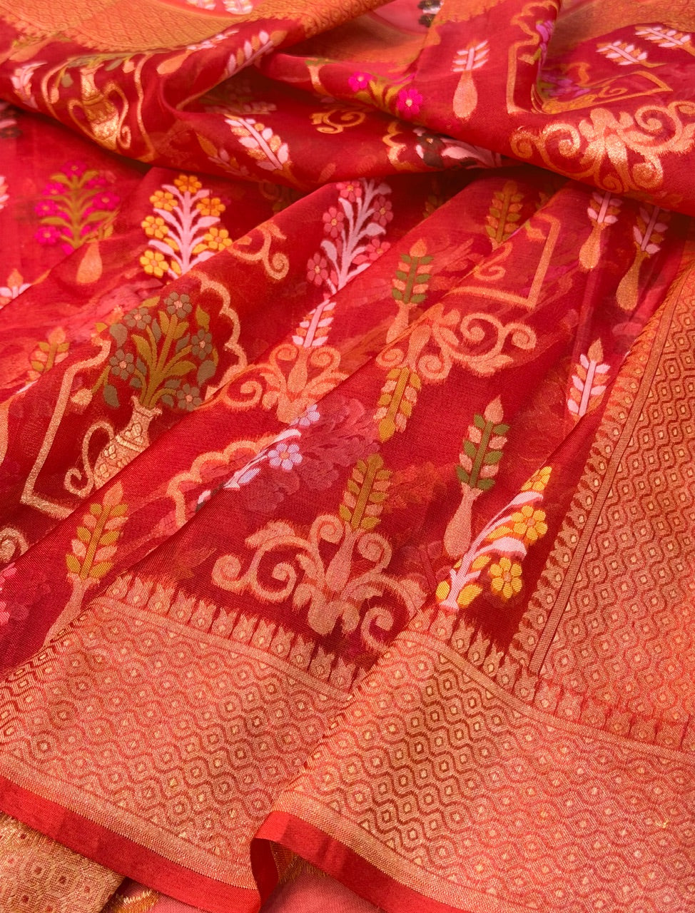 Red Banarasi Kora Jamdani Silk Handwoven Saree