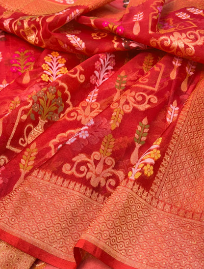 Red Banarasi Kora Jamdani Silk Handwoven Saree