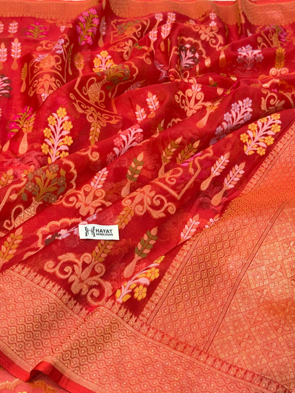 Red Banarasi Kora Jamdani Silk Handwoven Saree