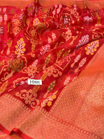Red Banarasi Kora Jamdani Silk Handwoven Saree