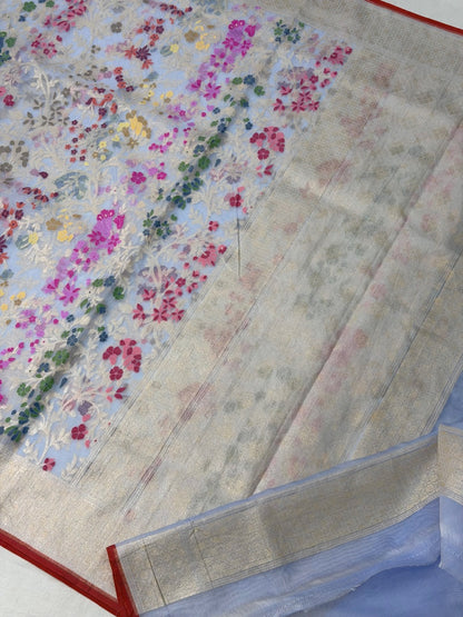 sea Blue Banarasi Kora Jamdani Silk Handwoven Saree