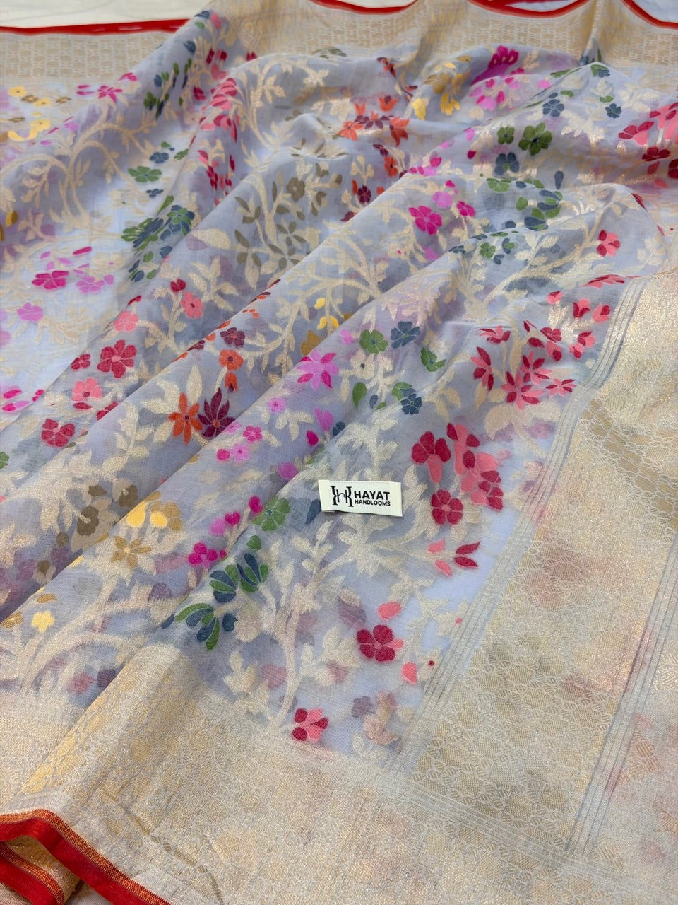 sea Blue Banarasi Kora Jamdani Silk Handwoven Saree