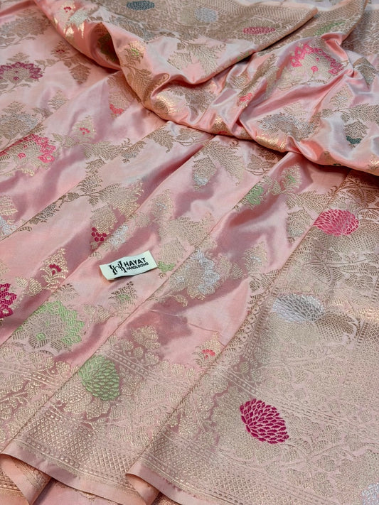 Rose Pink Pure Katan Silk Handwoven Banarasi Saree
