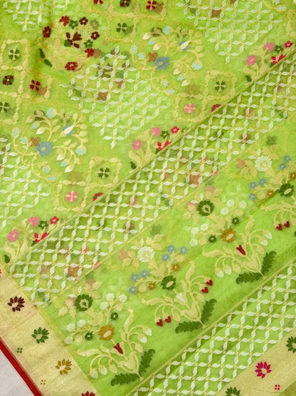 Pista Green Banarasi Kora Jamdani Silk Handwoven Saree