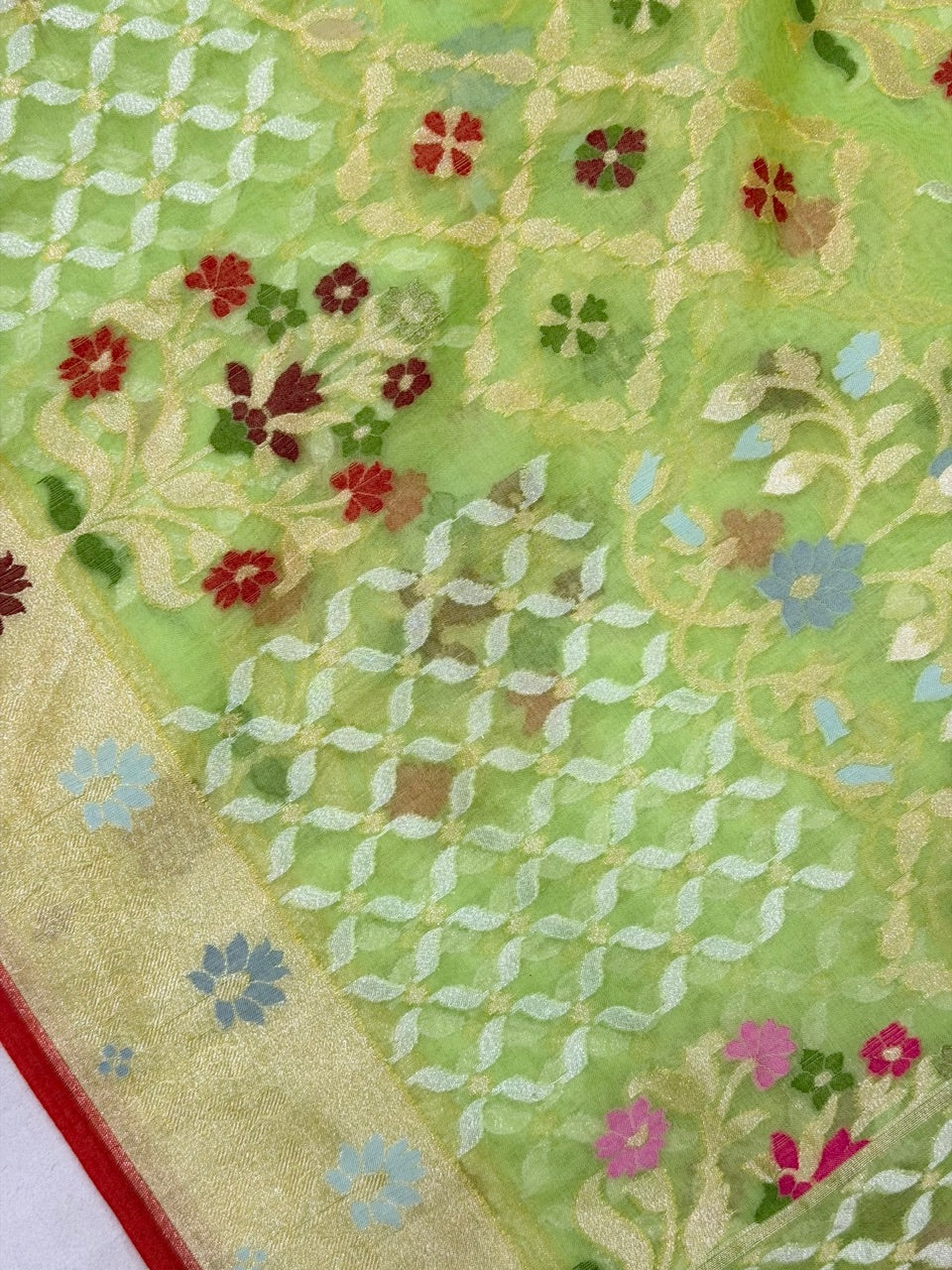 Pista Green Banarasi Kora Jamdani Silk Handwoven Saree
