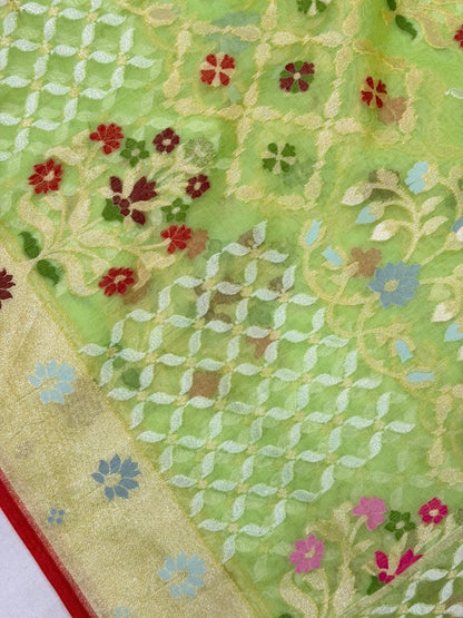 Pista Green Banarasi Kora Jamdani Silk Handwoven Saree