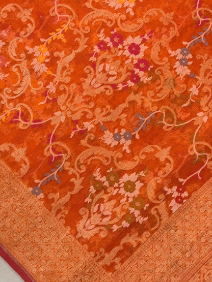 Orange Banarasi Kora Jamdani Silk Handwoven Saree