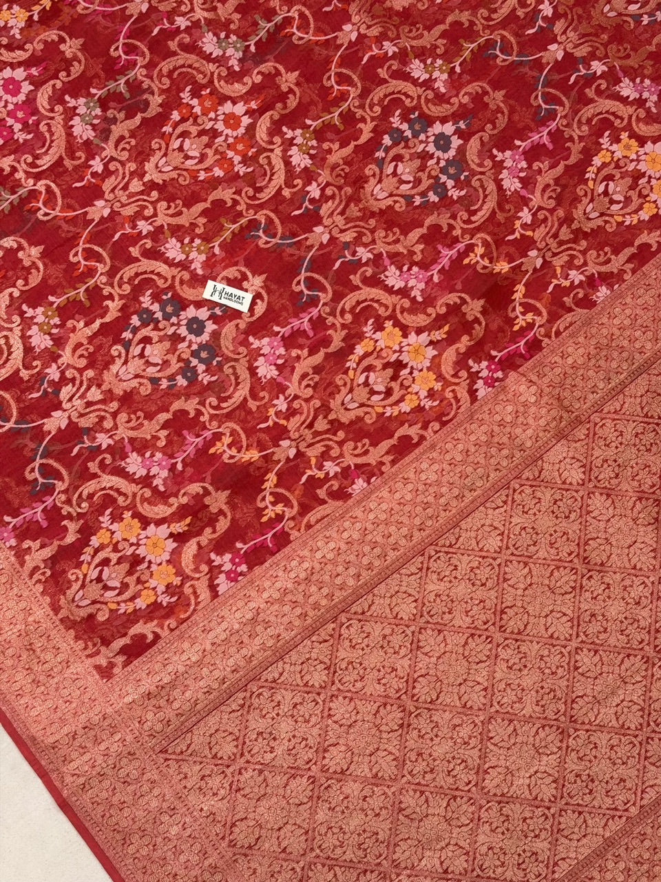 Red Banarasi Kora Jamdani Silk Handwoven Saree