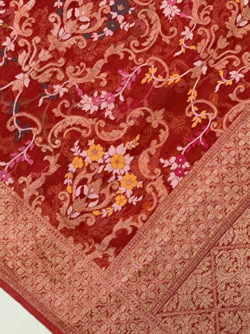 Red Banarasi Kora Jamdani Silk Handwoven Saree