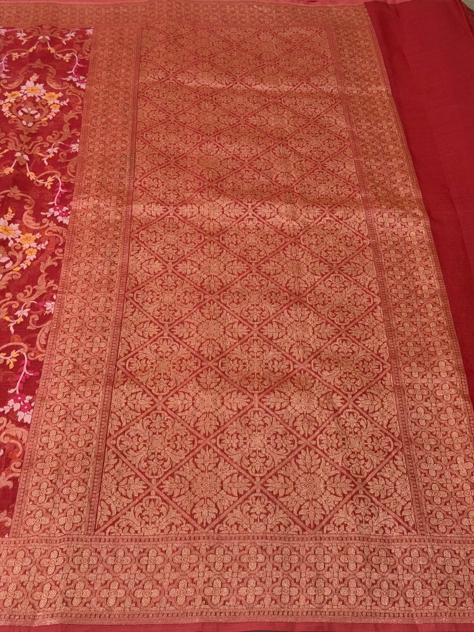 Red Banarasi Kora Jamdani Silk Handwoven Saree