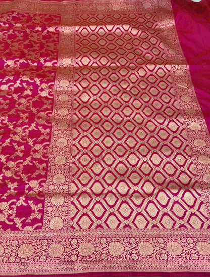 Rani Pink Banarasi Pure Katan Silk Saree | Pure Silk | Cutwork Technique | Banarasi Katan Silk Saree