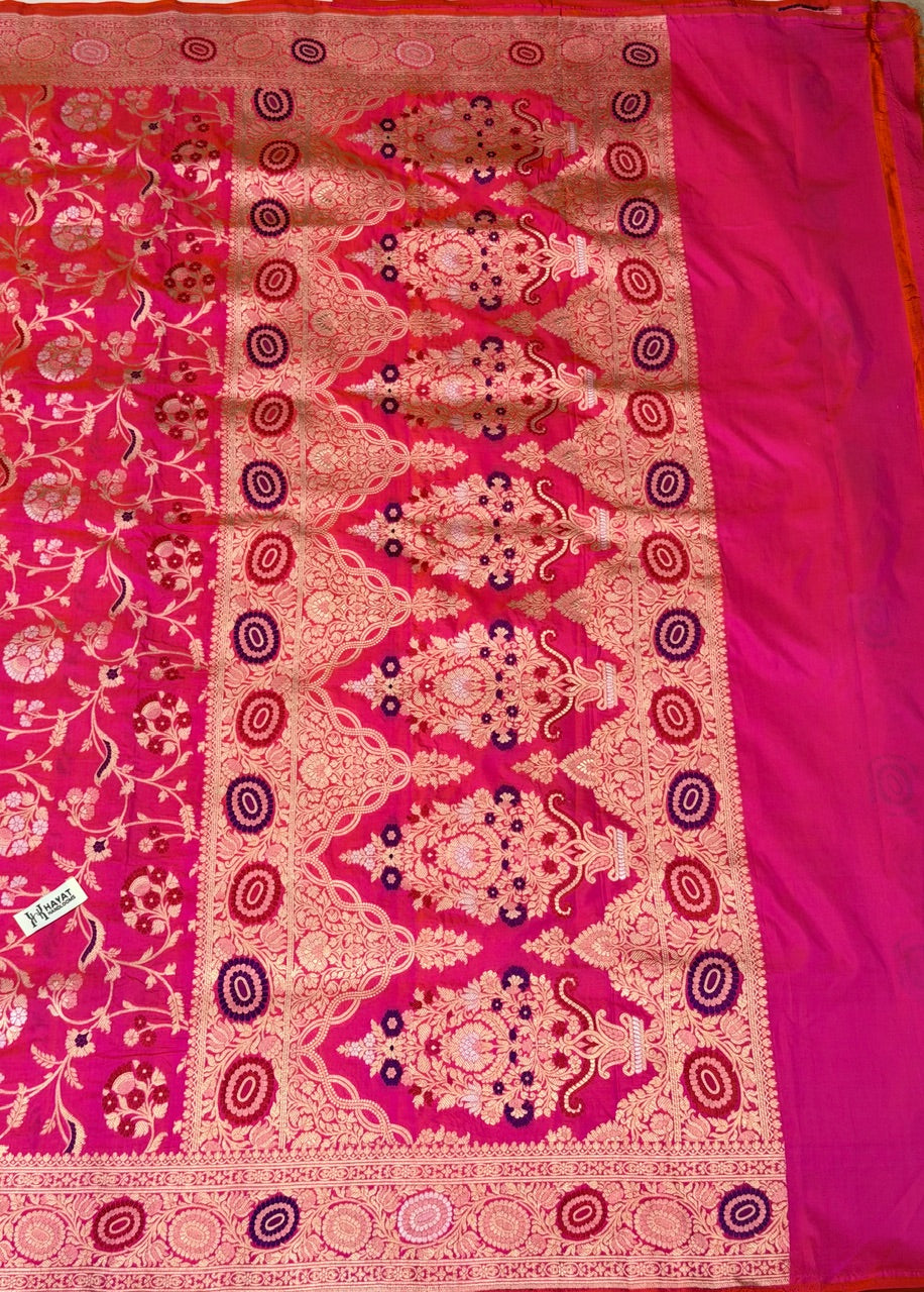 Rani Pink Banarasi Pure Katan Silk Saree | Pure Silk | Cutwork Technique | Banarasi Katan Silk Saree