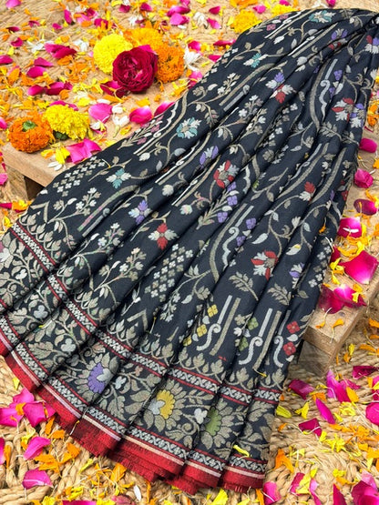 Black Pure Banarasi Ektara Jamdani Silk Handwoven Saree
