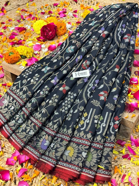 Black Pure Banarasi Ektara Jamdani Silk Handwoven Saree
