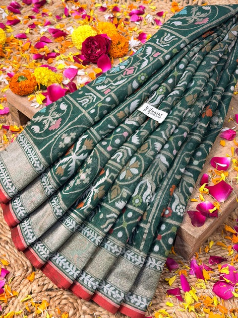 Forest green Banarasi cotton Jamdani handloom Saree