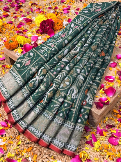 Forest green Banarasi cotton Jamdani handloom Saree