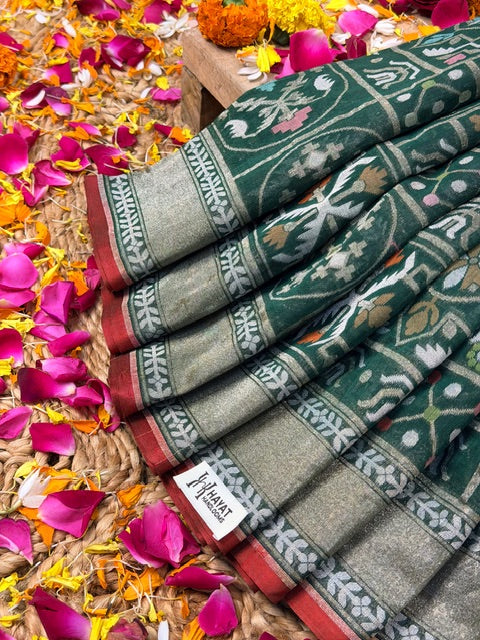 Forest green Banarasi cotton Jamdani handloom Saree