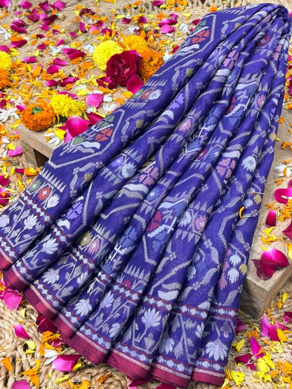 Purple Banarasi cotton Jamdani handloom Saree