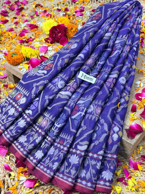 Purple Banarasi cotton Jamdani handloom Saree