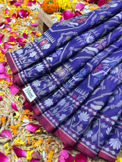 Purple Banarasi cotton Jamdani handloom Saree