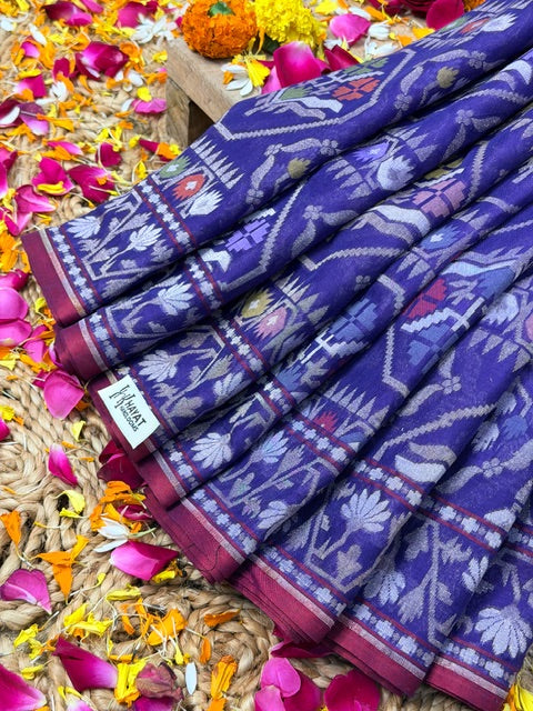 Purple Banarasi cotton Jamdani handloom Saree